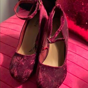 Red velvet platform wedge heels